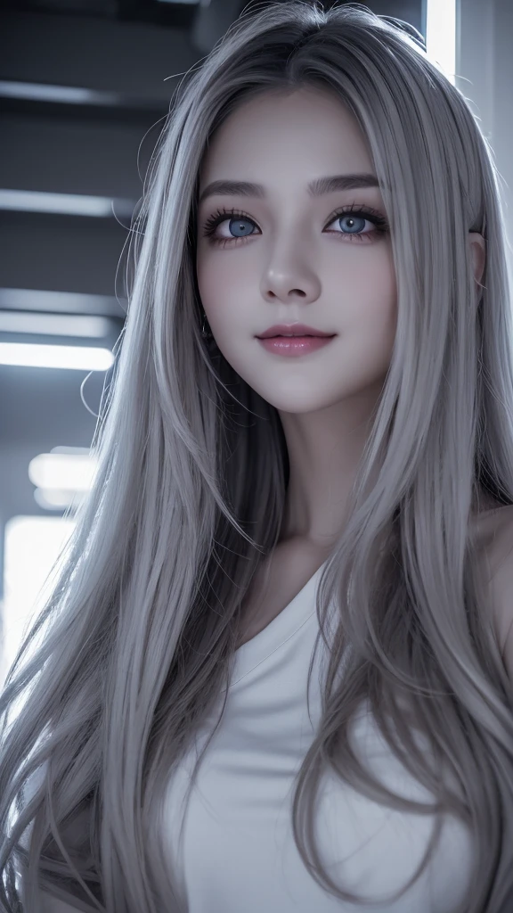 best quality, 1080P, Masterpiece, Ultra high resolution, photorealistic photo, ultra realism, Realistic skin texture, white hair, Extreme skin detail, dslr, Detailed eyes, light blue eyes, yurisa face, lauriel_apw, Facing the camera, Very beautiful face, Pale skin, Realistic skin texture, Extreme skin detail, oc render reflection textures, Realistic light and shadow, alone, The body is slender and balanced., Age 20, Flat stomach, ภาพถ่ายครึ่งตัว, A girl with the body of a mechanical robot., สวมใส่ lauriel_apw,  cyber headband, horns, 