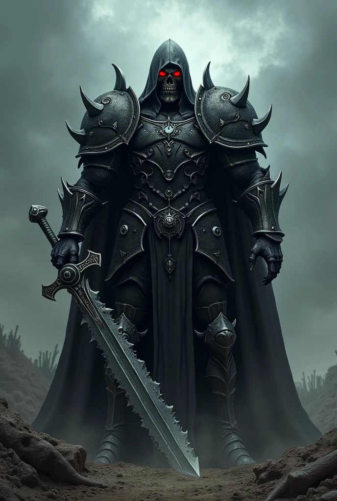 A big man with skull mask wearing a heavy dark whole body armor whole body with hood