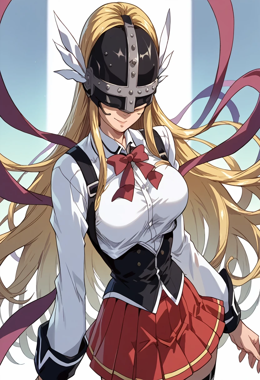 masterpiece,High resolution,Best Quality,8k(Digimon,Angewomon,helmet,Hidden Eyes,Blonde,Slender)(School uniform,White shirt,Red mini skirt)smile