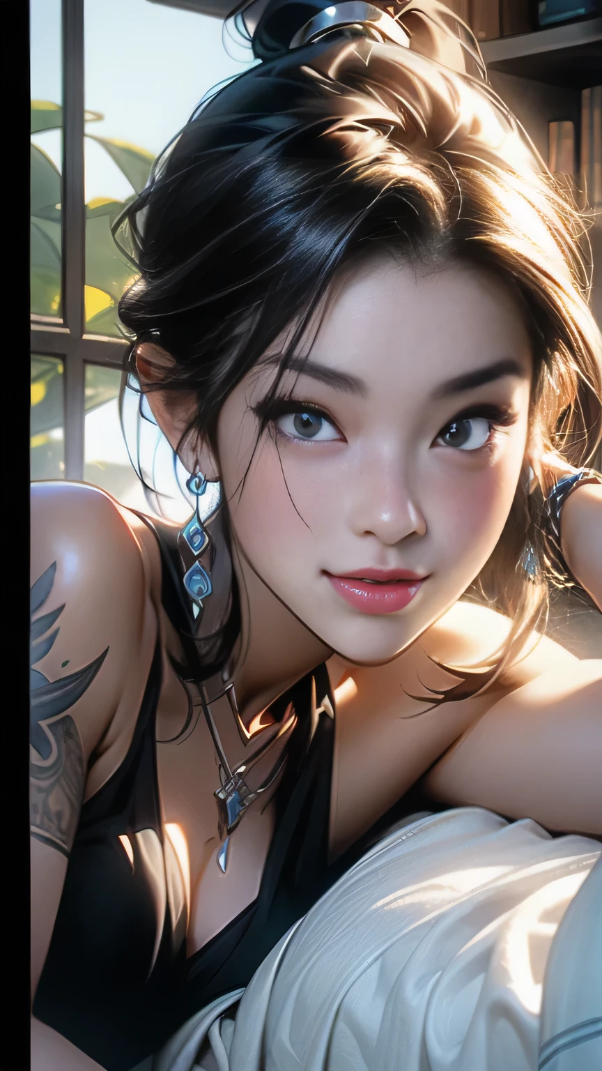 Studio apartment, huge room, Cozy artist's studio, Cute Beautiful Girl、A cute character who wears a mini skirt. Cute Ponytail, highest quality、High resolution、detailed background、(detailed face:1.4)、beautiful and smooth skin, (portrait shot:1.3), easel, color palette, acrylic paints, paintings, large windows, loggia, art, awards, table, sofa, armchairs, mirror, crystals, meditation, harmony, many books on the walls, paintings on the walls, view from the window, sea, mountains, amazing sunset, flower arrangements, paints, brushes, artist's theme, elegant, dynamic bright lighting, happiness, full color, multicolored, artificial, higher detail, super quality, small details, highlights, neon lights, masterpiece, best colors, (topless:1.3), (small breasts:1.4)