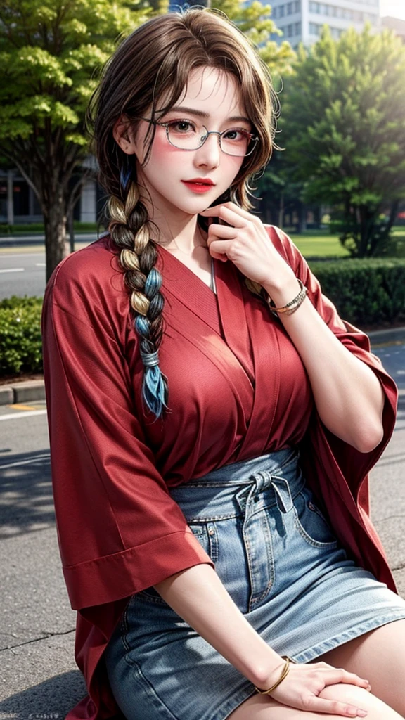 hightquality,8K,high-level image quality,A Japanese Lady,1 personality,A smile,tall,thick plump thighs,Realistic texture,Face in Focus,Muchimuchi,(red kimono1.8,GOLD line),valley,saggy tits ,huge tit