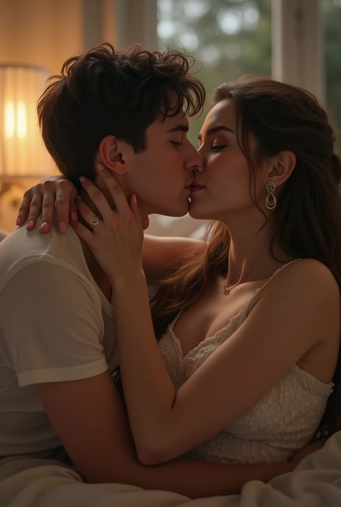 man with short blond hair and woman with brown hair in a passionate kiss, He has a sculpted body and is shirtless, she wears a simple 19th century period nightgown