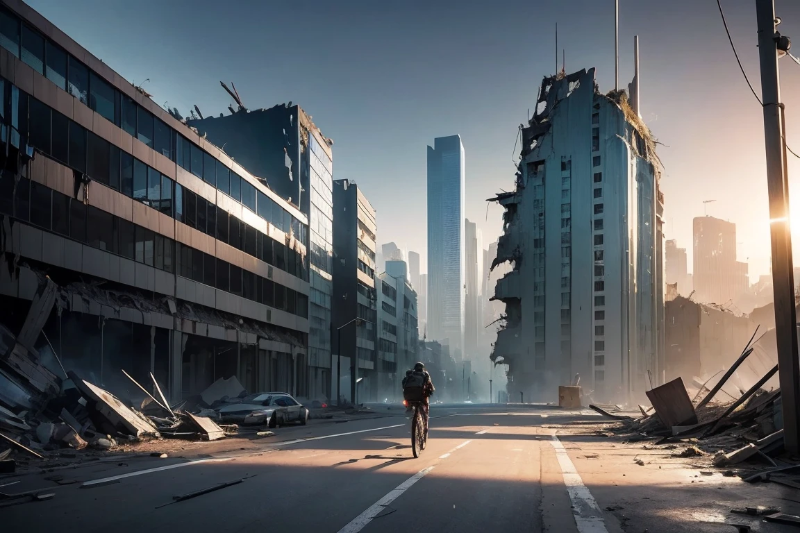 City scene with helicopter and a man walking through the ruins, destroyed city in background, 2020 video game screenshot, in a post-apocalyptic wasteland, apocalyptic city, post apocalyptic atmosphere, post - apocalyptic wasteland, Post-apocalyptic view, Doomsday setting, Post apocalyptic scenario, realistic apocalyptic war scene, Doomsday scenario, post apocalyptic city --auto