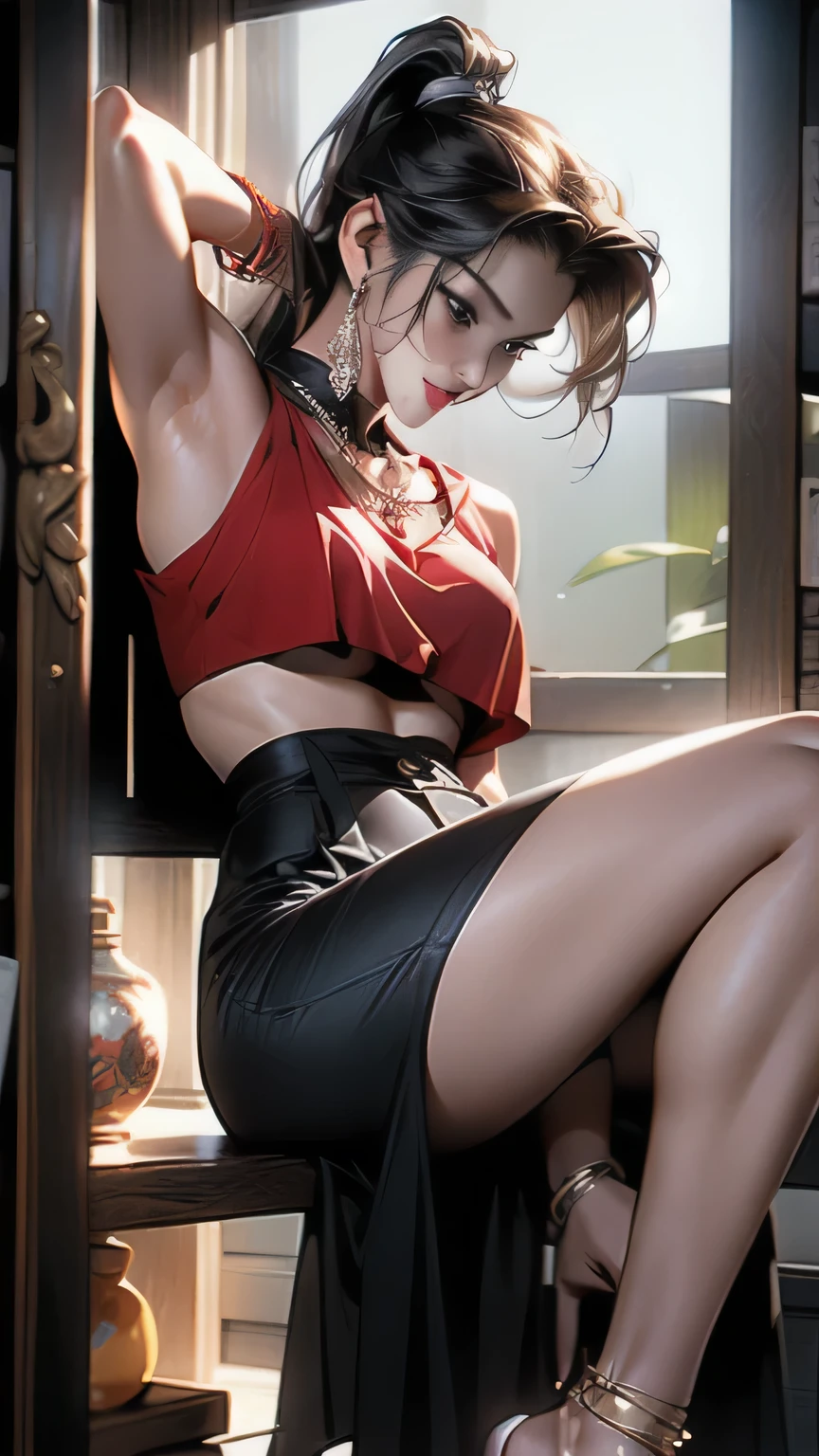 femboi, ((Masterpiece)), (Cute: 2.0), The face is extremely detailed, Enchanted expression, Strong gaze, Black Double French Braid, (Thin structure), Slightly round face, Tanned brown face, Healthy face, Big eyes, Shorts, Thin thighs, (Small chest), confident pose, harsh, Almond-shaped eyes, rich palette,choker,3D, open-toe high heels, goddess, Lean-yet-toned body/androgynous body aesthetic