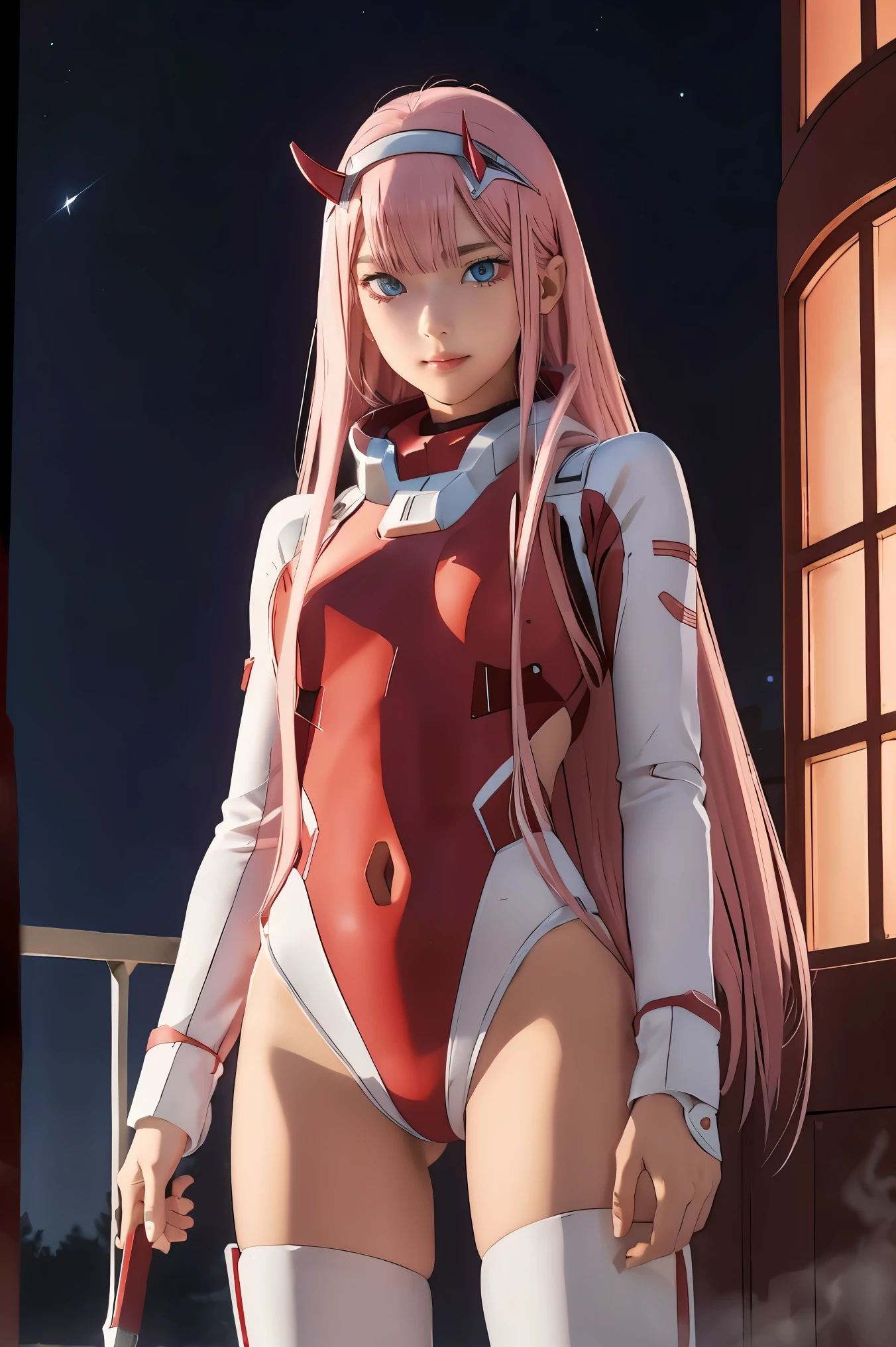 dynamic angle,ultra-detailed, illustration, straight on, 1girl, ((Zero two, interface headband with a pair of horns, red bodysuit:1.4, pink hair)), Her eyes shone like dreamy stars,(glowing eyes:1.233),(beautiful and detailed eyes:1.1),(expressionless, closed mouth),(standing), (mechanic room with tools and spaceship window in a white SPACESHIP), (night:1.2), dreamy, [[delicate fingers and hands:0.55]::0.85],(detail fingers), smirk,