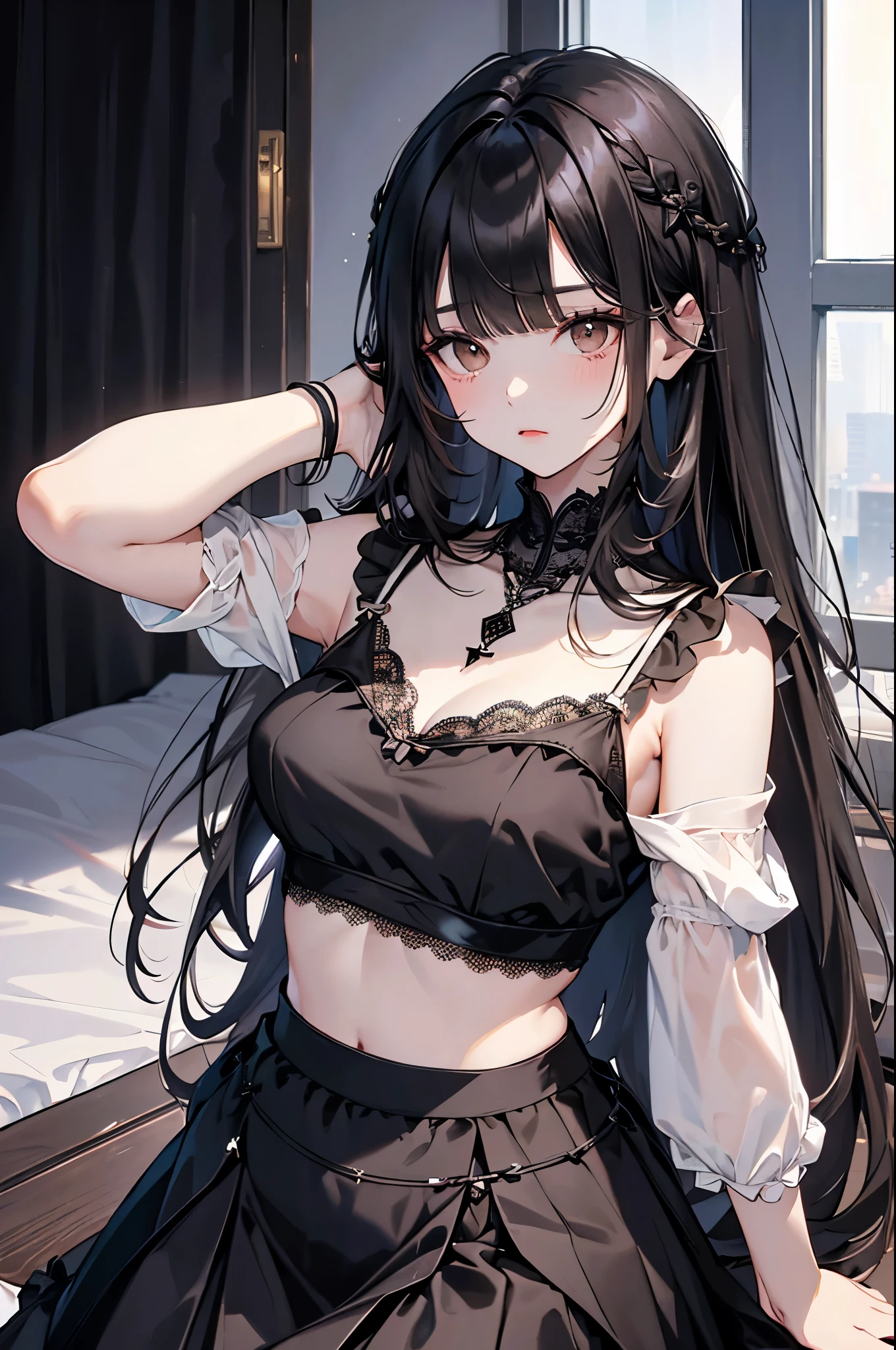 ((highest quality)),(ultra high resolution),(Super detailed),(detailed description),((best CG)),(best work of art),super precision art,great drawing art,(Art with precise details:1.5), Portrait:1.6,bust shot:1.4,(1 woman:1.5),beautiful and well-shaped face:1.5,(black lace bra with flowers on the chest:1.5)、 Japanese、girl,Slender、small face、brown eyes、tall、 highres,black hair、long hair、classroom、black lace bra、black skirt、17 years old、Sitting at a desk、Mature