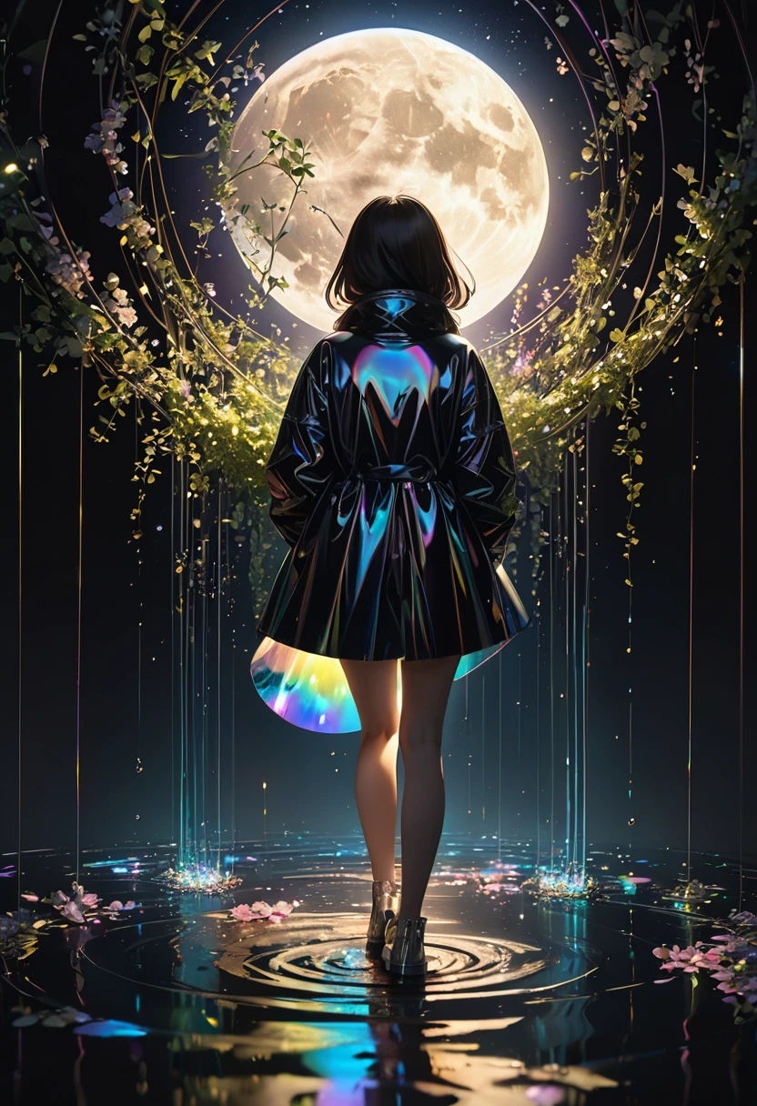 A girl in a slightly shiny dress, The girl is far from the viewer、distant girls has FineSkin staring at the performer, (Zoom out:1.3), (Dazzling meteor shower:1.2), (comet:1.1), yourname, Low - Angle, From behind, Aloura Borealis, shooting star, cherry blossoms, Standing on the River,Highest quality, masterpiece,  cloud,colorful, Starry sky,performer . (Accutance:0.85),(RAW Photorealism and Hyperrealism:1.37), and Hakata Gion Yamakasa,  Rainbow colors