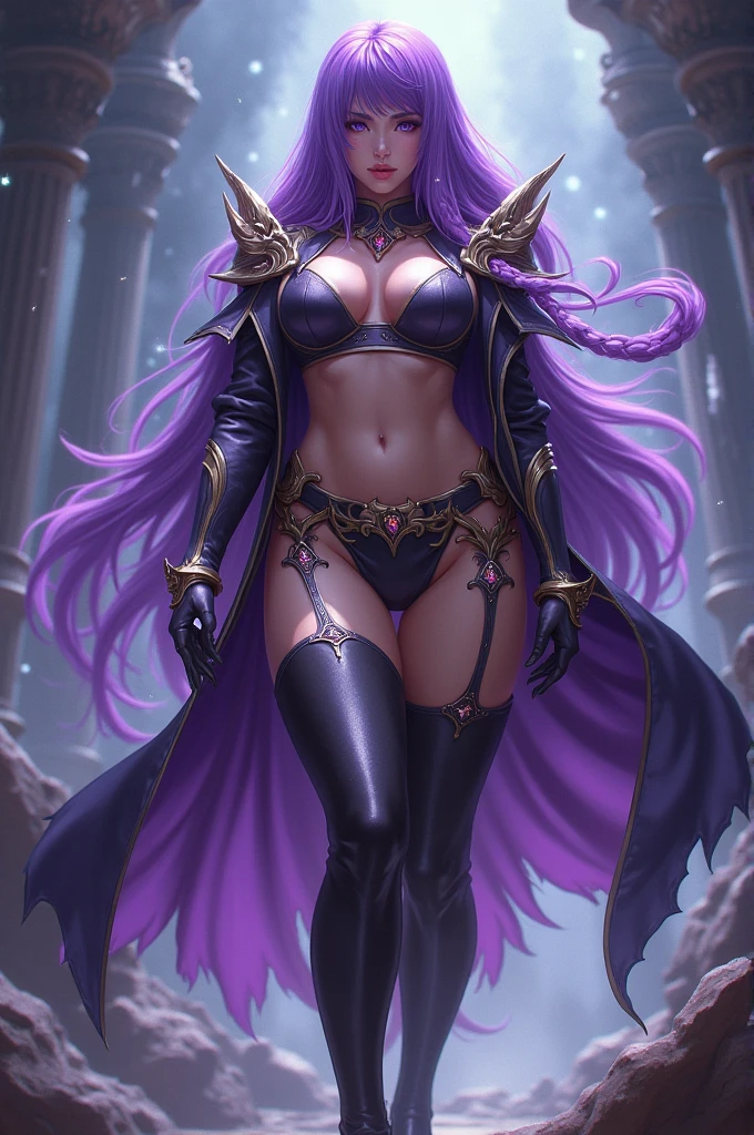 single woman, mature woman, ((full body view)), ((full body in frame)), ((body in frame from head to toe)), (((skin color purple: 8))), (walking), bard, musician, dancer, singer, ((Tiefling woman: 2)), ear length: 1.6, curved horns, 2 horns, full body view, 5 feet and 8 inches tall, (Best quality, 8k, Masterpiece: 1.5), sultry face, beautiful woman, hyper-realistic, (tight and firm 33D-cup bosom, sexy figure: 1.6), (big bosom: 1.9), (wet body: 1.2), (knee-length purple hair: 5), flowing braided hair, glowing hair, glossy hair, curvy hips, lightly defined slightly defined 6-pack abs, thick-thighs, thigh-high tight pink colored socks, dark-purple colored pencil heel boots, proportionate, ultra-detailed face, detailed lips, dark pink lips, glossy lips, (beautifully detailed lips), purple eyes, double eyelid, open neckline, necklace with a ruby, dark-purple knee-high leather boots, single earring in left ear, big earring, detailed earring, dark-purple fingerless elbow length gloves, beautiful fingers, purple nail polish, body jewelry like a highly sexulaized and sensual belly dancer, no cloths, walking, singing, sultry. Art from: Photography, 50mm lens, fantasy setting, fantasy medieval Europe setting, medieval style, fantasy medieval style, capturing her in a night setting, where she is walking down a cobblestone pavement while playing her flute. There are some people in the back at some distance and are quite blurry. There are several small glowing orbs floating around her as she walks, the orbs are in different hues making the scene look ethereal, front pose, sexual expression, Octane render, cinematic look, and intricate details. ((cinematic lighting)), night lights, depth of field, Illuminated by soft, Dreamy volumetric lighting.