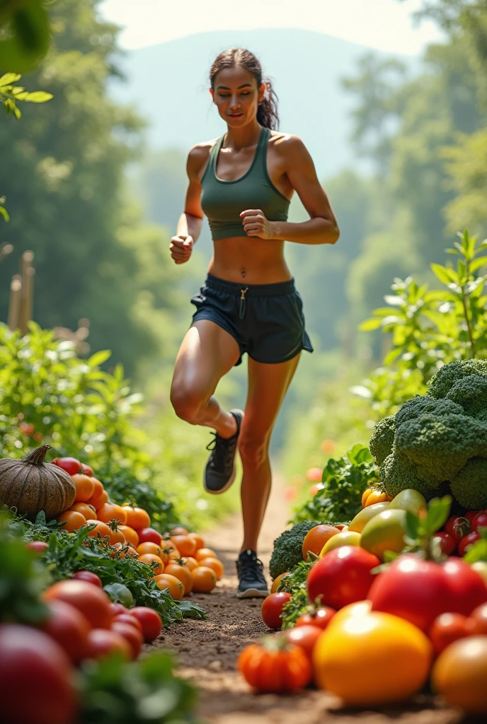 Healthy food advertisement, healthy fruits, vegetables where a person appears
