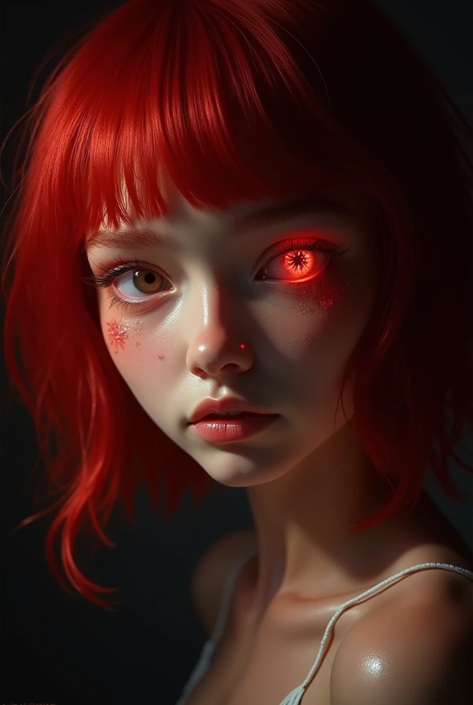 A stunningly realistic dark fantasy portrait of a tall, leggy red-haired woman with a chiseled abs, small waist, large emerald green eyes, and plump lips. She stands confidently, her body displayed in all its glory. The background is a mix of dark, brooding colors, with some ethereal elements, creating an atmospheric and mysterious setting. The overall tone of the image is a blend of beauty, power, and darkness., dark fantasy, portrait photography, painting