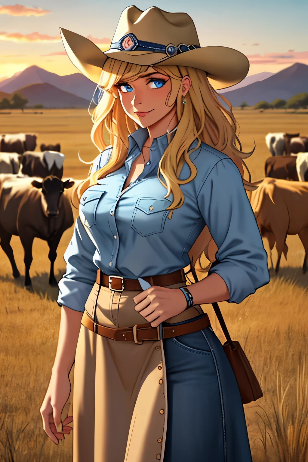 Texas agile cowgirl, ranch withc pack of cows background, blue eyes, blonde long hair, brown cowboy hat, dusk, masterpice