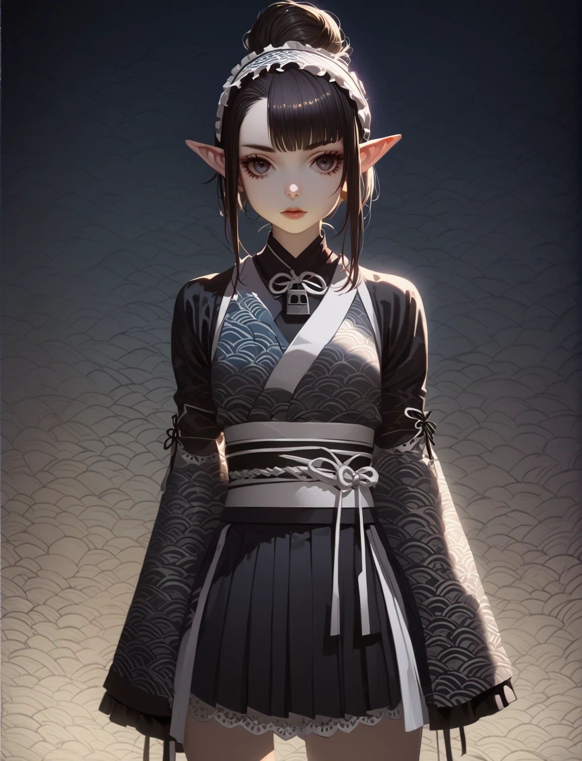 Full body shot of an anime character wearing short black and white hakamas, two ribbons {one at each side of her hairband}, white obi with black and white seigaiha pattern, girl with elf ears, a beautiful young girl with long black hair tied up in one single bun centered on top of her head, asymmetrical chopped bangs sideswept to the right, white hairband with ribbons on both sides of her head, a lock of hair falling in front of the right side of her face. Full shot of an anime character wearing short black and white hakamas, two ribbons {one at each side of her hairband}, white obi with black and white seigaiha pattern, create a digital illustration of full body of a female character with almond-shaped black eyes, elf ears, and round dots instead of eyebrows. For the hairstyle, she should have black hair styled into a single bun at the back of her head, complemented by asymmetrically chopped bangs that transition into a long lock on one side. Her outfit should match short hakama with detached sleeves and frills under the shorts and the sleeves, in a gothic style, featuring intricate white lace patterns, detailed cutouts, and a white obi with a black seigaiha black pattern. The upper part of the outfit should be a kimono blouse with detached sleeves. The outfit should include layered skirts and ribbon details to emphasize a similar aesthetic. Add a muted background that complements her striking attire and hairstyle. Artwork in the style of guweiz, digital art inspired by the style of Ilya Kuvshinov, 8k, high resolution, HDR, vivid colors, dramatic light detailed anime art, 8k, high resolution, dramatic lighting, artwork in the style of guweiz, detailed portrait of anime girl, beautiful anime full body shot, anime realism style, anime style full body shot, anime style, realistic anime art style, digital art ilya kuvshinov, realistic anime artstyle, ilya kuvshinov. Full body shot anime girl, girl wearing black hakama with detached sleeves.
