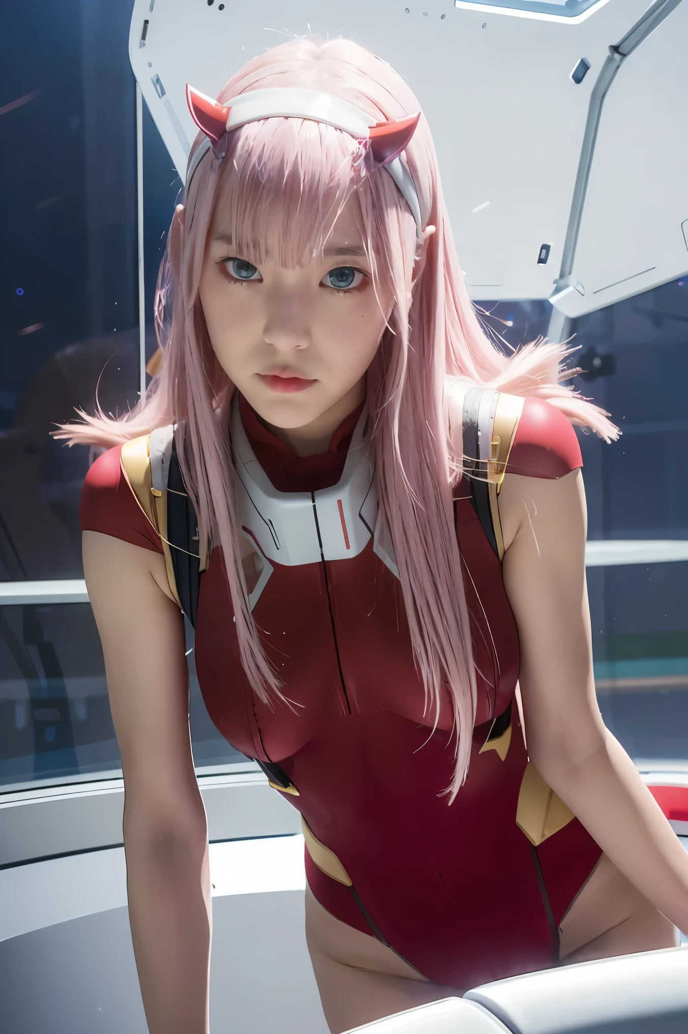 dynamic angle,ultra-detailed, illustration, straight on, 1girl, ((Zero two, interface headband with a pair of horns, red bodysuit:1.4, pink hair)), Her eyes shone like dreamy stars,(glowing eyes:1.233),(beautiful and detailed eyes:1.1),(expressionless, closed mouth),(standing), (mechanic room with tools and spaceship window in a white SPACESHIP), (night:1.2), dreamy, dynamic pose,