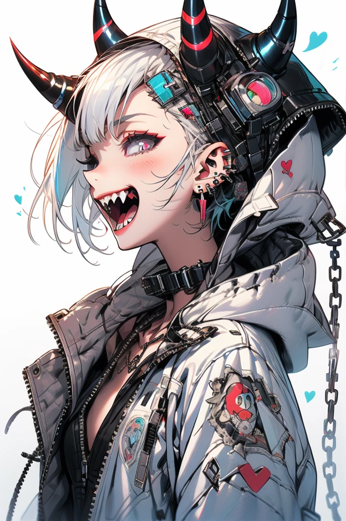 (masterpiece:1.2), best quality,PIXIV,Rebellious girl,portrait,
1girl, hat, open mouth, sharp teeth, white hair, solo, teeth, long hair, white background, jewelry, badge, button badge, hood, pink eyes, earrings, simple background, jacket, eyelashes, from side, hood down, star (symbol), profile, upper body, clothes writing, zipper, collar, cable, chain, tongue, heart, hat ornament, piercing, barcode, portrait, sticker, hoodie, smile, spikes, baseball cap
<lora:Rebellious girl_20230813171407:1>