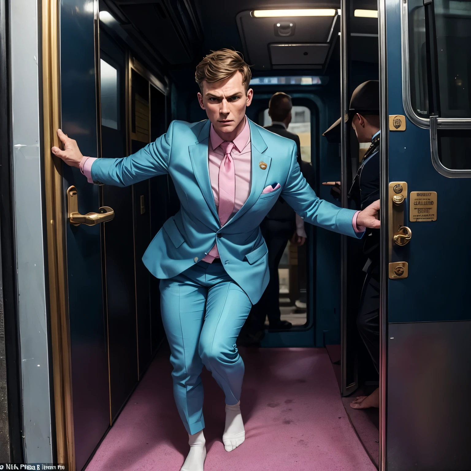 realistic photo full body view one wealthy white man with excessively siliconed over-inflated lips and cheekbones, brown stylish haircut, wearing light blue dapper suit, in elegant pink filthy socks, ancient gold rings ,crying looking terrified , exhausted, showing off his filthy pink socked feet, no shoes, taken in handcuffs into police van by 2 uniformed guards in a New York chic street 