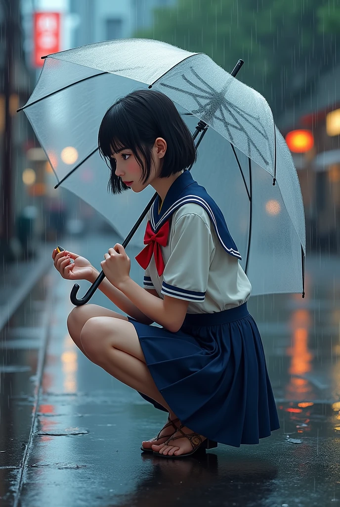 there is a girl sitting on the ground in the rain, after rain and no girls, a hyperrealistic , hyperrealistic , rainy day
