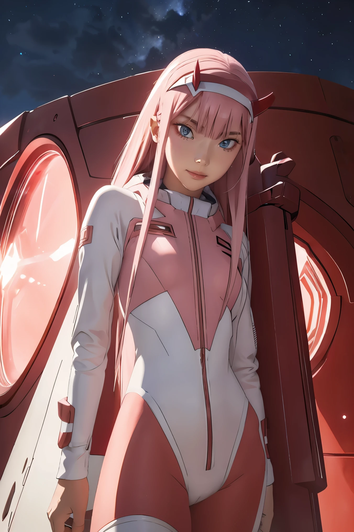 dynamic angle,ultra-detailed, illustration, straight on, 1girl, ((Zero two, interface headband with a pair of horns, red bodysuit:1.4, pink hair)), Her eyes shone like dreamy stars,(glowing eyes:1.233),(beautiful and detailed eyes:1.1),(expressionless, closed mouth),(standing), (mechanic room with tools and spaceship window in a white SPACESHIP), (night:1.2), dreamy, [[delicate fingers and hands:0.55]::0.85],(detail fingers), smirk,