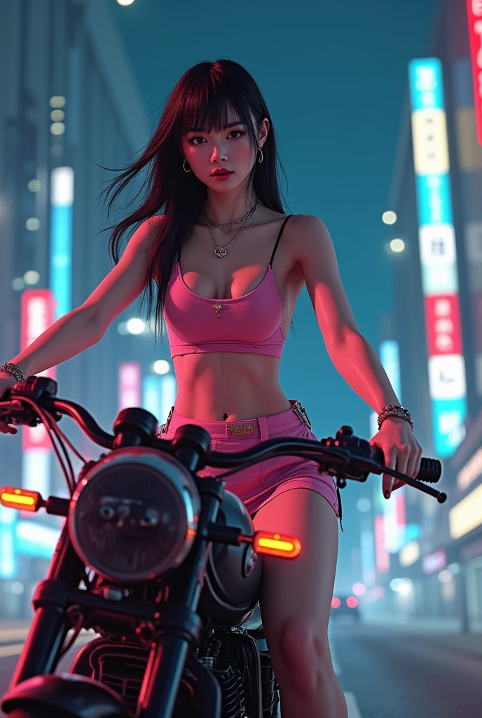 (Realistic:1.3, 16k, highest quality, masterpiece, Ultra-high resolution), ((light rain, From below)), Perfect dynamic composition:1.2, (Modern futuristic city at night, Expressions of sadness:0.5, ride a bicycle), Highly detailed skin and facial textures, Young Japanese Woman, Incredibly slim body, Fair skin, Sexy beauty, Very beautiful face, Beautiful and aesthetic, (Pink tight skirt, Wear cyberpunk clothes), (Shapely breasts, Chest gap), (Big eyes that exude beautiful eroticism, Lips that exude beautiful eroticism), necklace, Earrings, bracelet, wedding ring, Shoulder bag, clock, sunglasses, Motorbike, Cowboy Shot