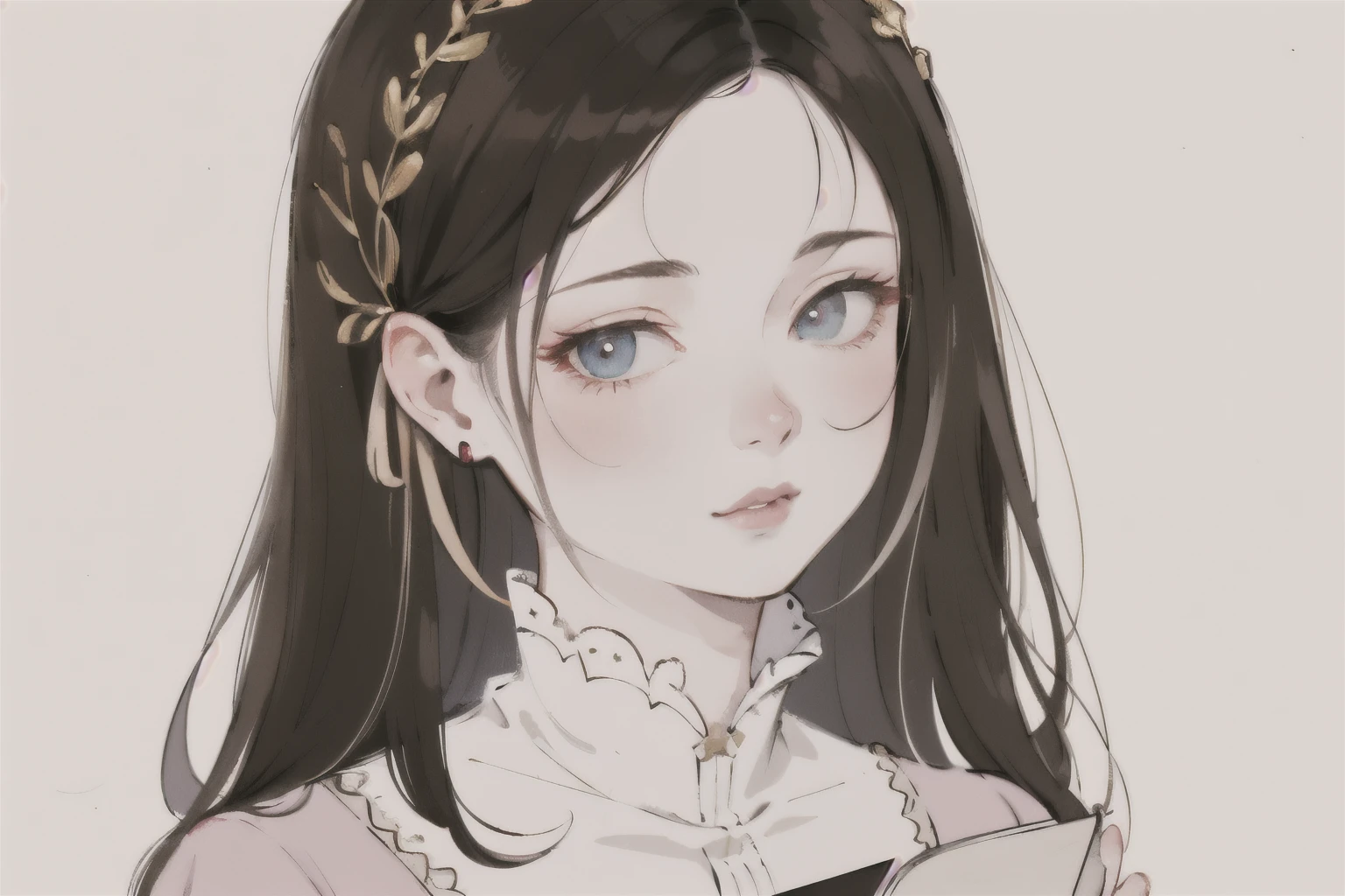 Reading a textbook, beautiful girl  photorealistic, lip gloss, painting, realistic, best quality, ultra high resolution, depth, pastel color, natural shading, focus on face, face only, looking at viewer, long hair, hair accessory, black hair, brown and well detailed eyes, Dress
