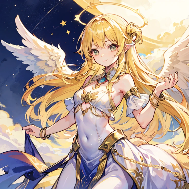 (Angel Centaur)、Long blonde hair、Flat chest、Neat clothes、Golden Bracelet、Angel Halo、Upper Body Center、smile