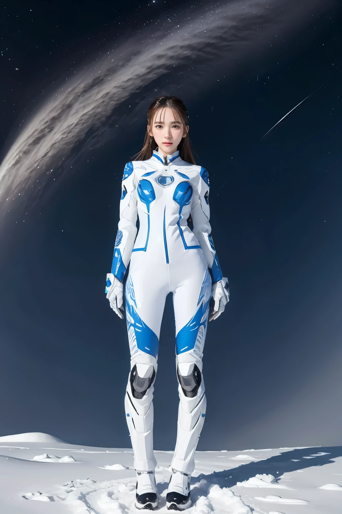 1 girl, Lovely, Ice and Snow World, alone, skinny, wind, Mecha suit, whole body, pretty face, Decorated with intricate patterns and delicate lines, Mecha suit,