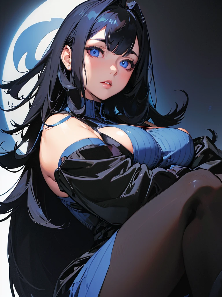 (best lighting) (best quality, masterpiece:1.2), illustration by hajime sorayama, perfect body, hyperfeminine curves, (detailed eyes), (detailed face), femme fatale, woman, very long black hair, bangs, blue eyes, curvy, high fashion, stockings, solo, large blue moon in background, cinematic, soft lighting, portrait