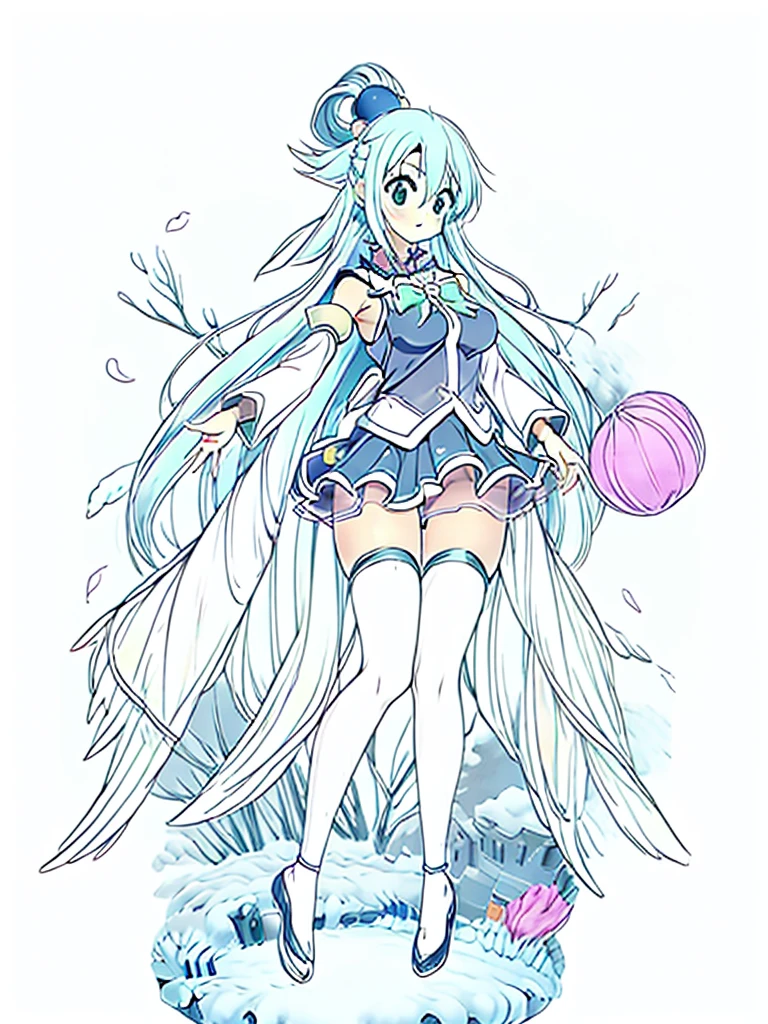 masterpiece, best quality, beautiful, cute visual art, girl (proportion: 1:6 heads), aaaqua, long hair, blue hair, hair rings, hair ornament, choker, bare shoulders, green bow, blue shirt, detached sleeves, blue skirt, thighhighs, cute, happy smile, over water {(water power: 0.5)}, slim and long legs (beautiful legs, legs open in V, detailed legs), Ezbian full body {(perfect proportions, good details in the doby)}, fine and detailed hands {(beautiful hands)}, softly wind blows {{((A gentle wind blows her hair))}}, good proportions, suggestive pose, anatomically correct, looking at the viewer, ink, blushing, big smile, cute style, pastel tones, soft colors