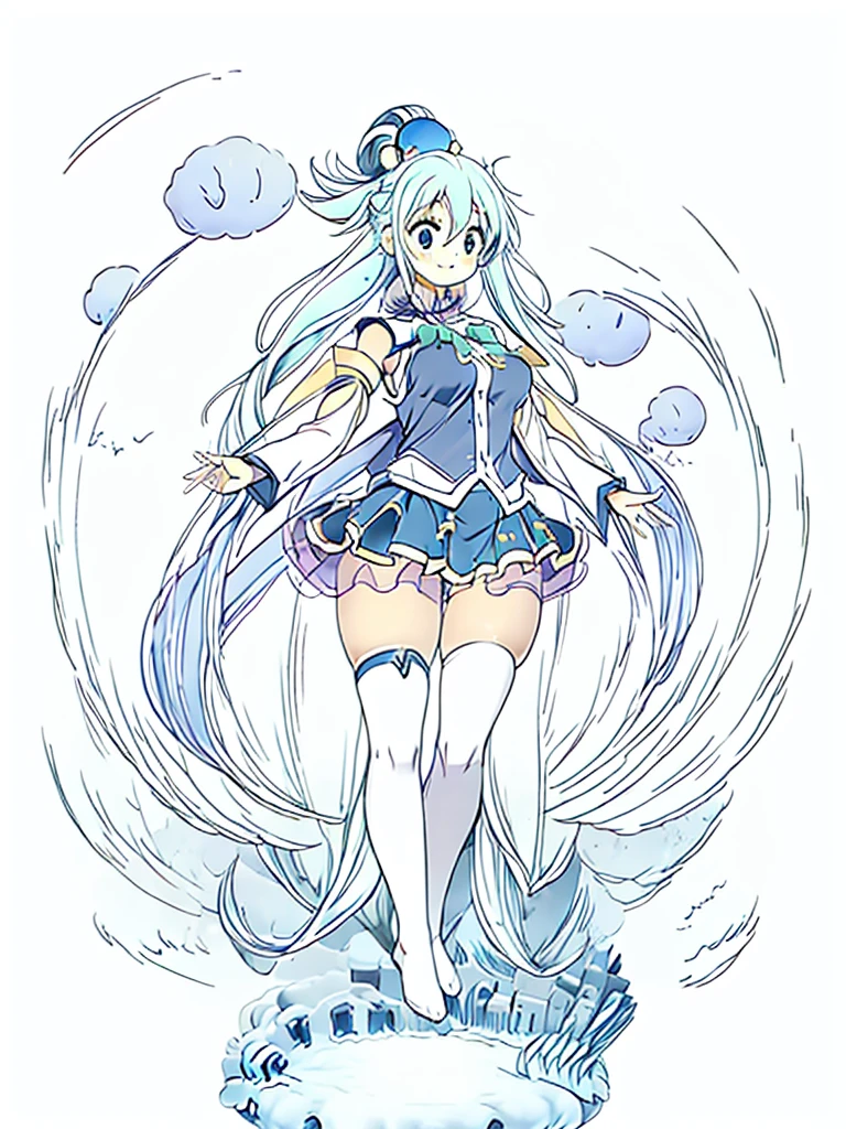 masterpiece, best quality, beautiful, cute visual art, girl (proportion: 1:6 heads), aaaqua, long hair, blue hair, hair rings, hair ornament, choker, bare shoulders, green bow, blue shirt, detached sleeves, blue skirt, thighhighs, cute, happy smile, over water {(water power: 0.5)}, slim and long legs (beautiful legs, legs open in V, detailed legs), Ezbian full body {(perfect proportions, good details in the doby)}, fine and detailed hands {(beautiful hands)}, softly wind blows {{((A gentle wind blows her hair))}}, good proportions, suggestive pose, anatomically correct, looking at the viewer, ink, blushing, big smile, cute style, pastel tones, soft colors