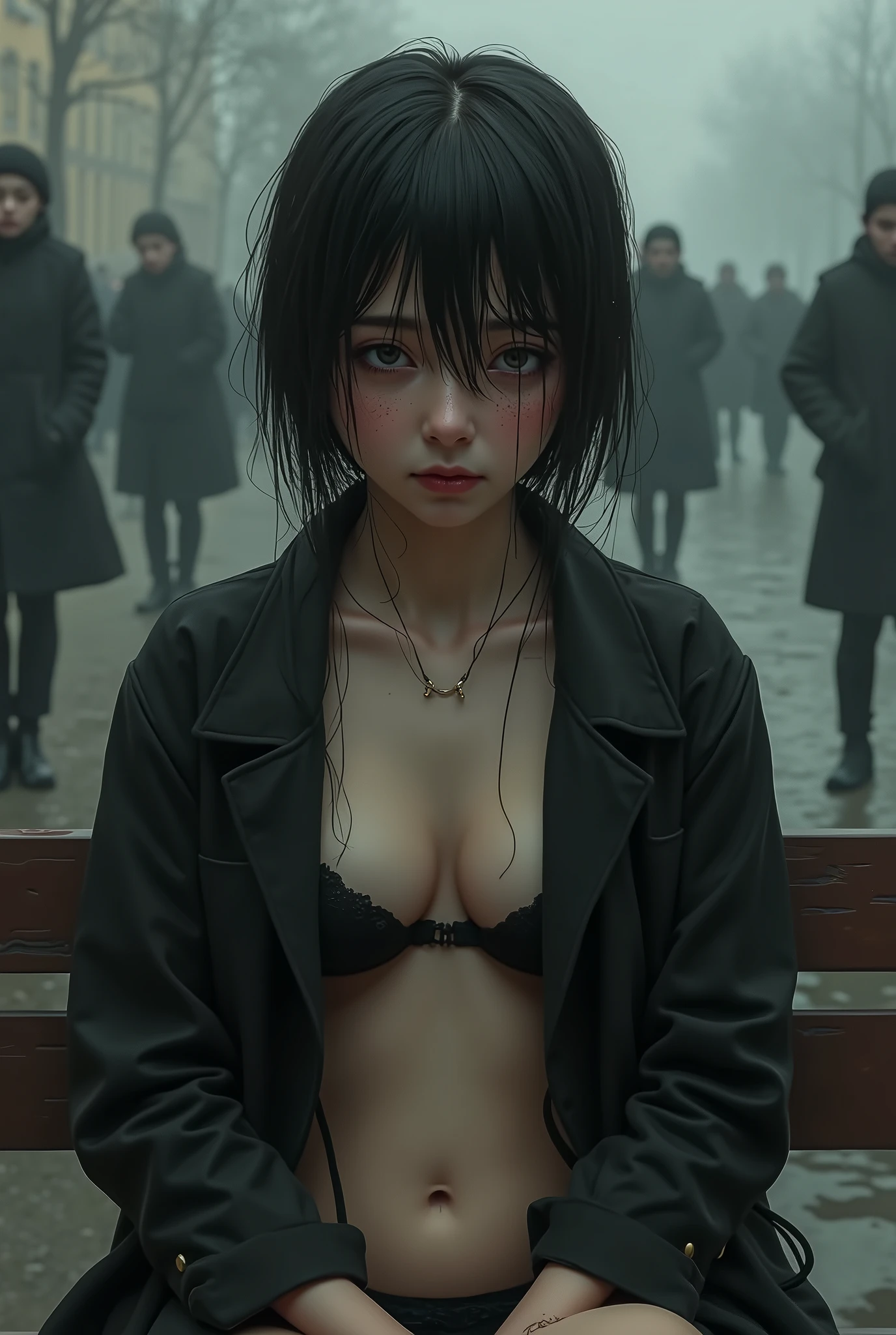 ((high quality)),Tabletop,(Detailed depiction of the local area:1.2),One female、slender、Gray Eyeouth closed,Black Hair、Shortcuts、Slingshot、topless、High leg 、bottomless、Standing at an intersection、Belly button exposed、A woman standing with her legs apart at an intersection in an office district、Ekimae Street、Commuting rush hour、