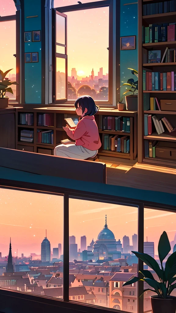 /imagine prompt: Viral anime indoor wallpaper in 4K quality, in the style of illustration inspired by Akira Toriyama, featuring a girl studying at her desk in a cozy bedroom during a beautiful late afternoon; the golden sunset light filters softly through the window, casting a warm glow over the room filled with books, a comfy chair, and potted plants; her face is focused, and her surroundings exude calm and inspiration, with the sky outside painted in shades of orange and pink; soft and serene color temperature, cosmos lighting with stars just beginning to twinkle in the distance, the atmosphere is peaceful and full of promise --v 5 --stylize 1000 --no deformities, ugly hands, poorly drawn faces