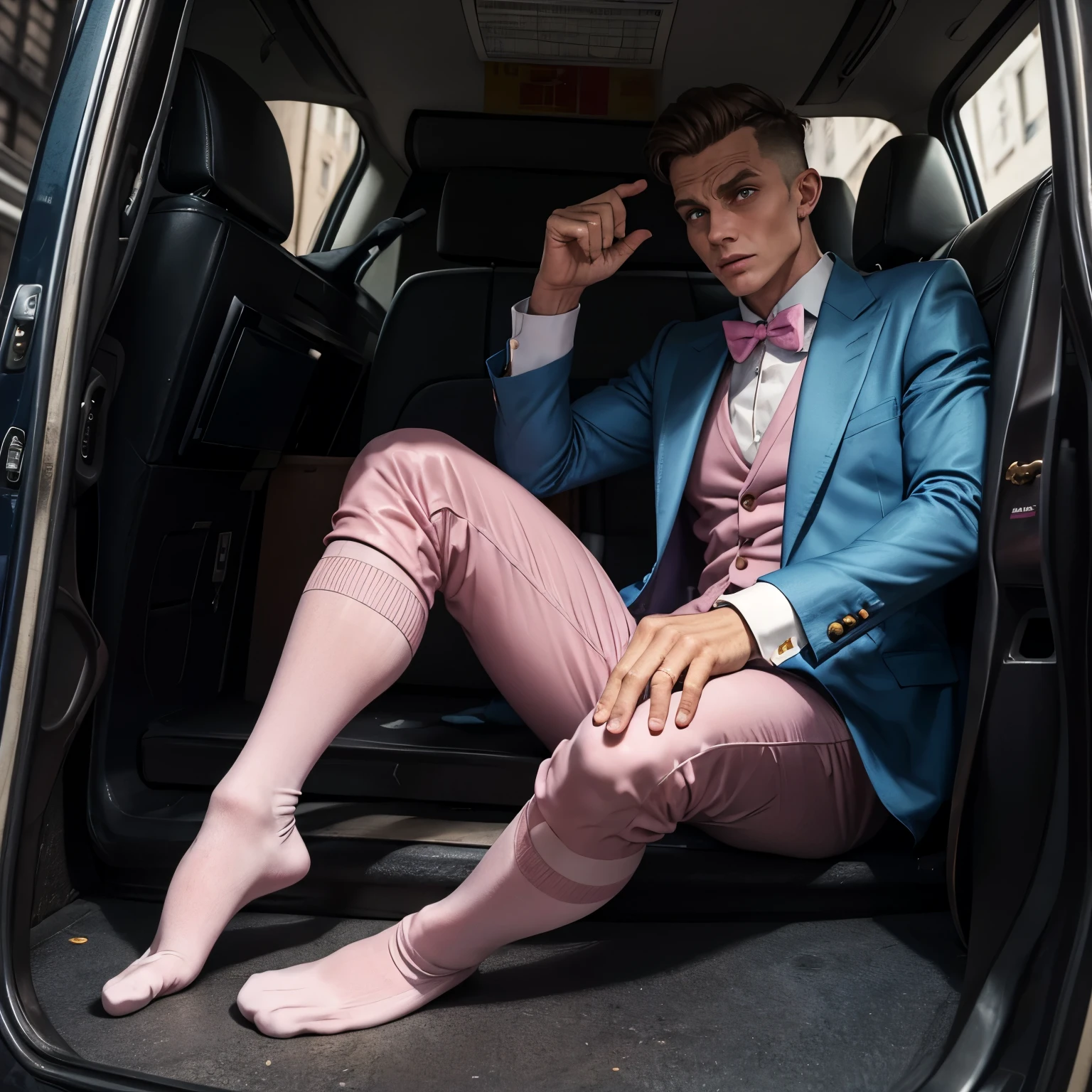 realistic photo full body view one wealthy white man with excessively siliconed over-inflated lips and cheekbones, brown stylish haircut, wearing light blue dapper suit, in elegant pink filthy socks, ancient gold rings ,crying looking terrified , exhausted, showing off his filthy pink socked feet, no shoes, taken in handcuffs into police van by 2 uniformed guards in a New York chic street 