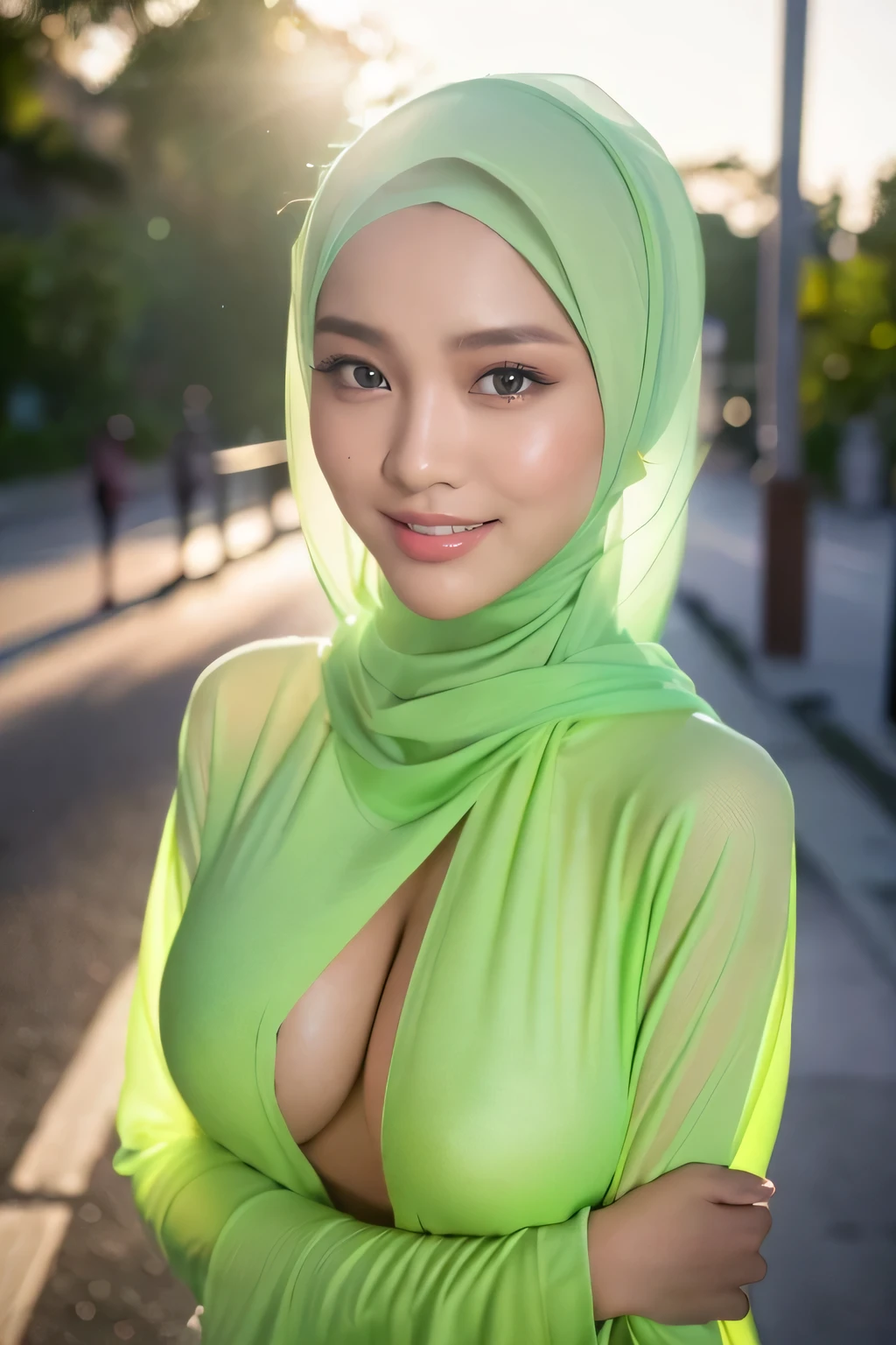 (night scene, close up photo of a sexy naked malay girl with hijab, posing, look at a camera and smile, green pastel hijab, (green eyes:0.8), big breast, cute young face, 2, soft volumetric lights, (backlit:1.3), (cinematic:1.3), intricate details, (ArtStation:1.2),Best quality, high resolution, masterpiece: 1.3), a beautiful malay woman in hijab, big breasts, slim figure, sweatshirt, beautifully presented details in the street and facial and skin texture, detailed eyes, double eyelids, big eyeschest visible, shirt open