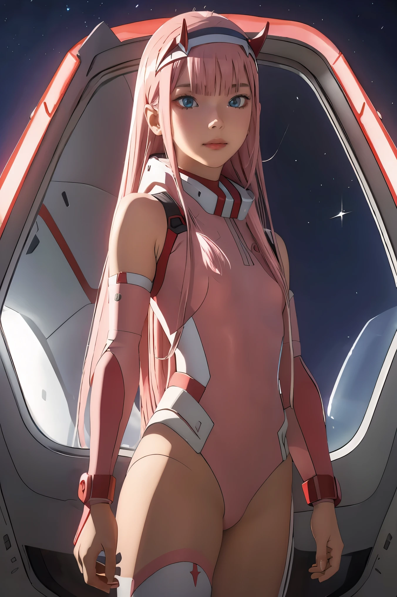 dynamic angle,ultra-detailed, illustration, straight on, 1girl, ((Zero two, interface headband with a pair of horns, red bodysuit:1.4, pink hair)), Her eyes shone like dreamy stars,(glowing eyes:1.233),(beautiful and detailed eyes:1.1),(expressionless, closed mouth),(standing), (mechanic room with tools and spaceship window in a white SPACESHIP), (night:1.2), dreamy, [[delicate fingers and hands:0.55]::0.85],(detail fingers), smirk,