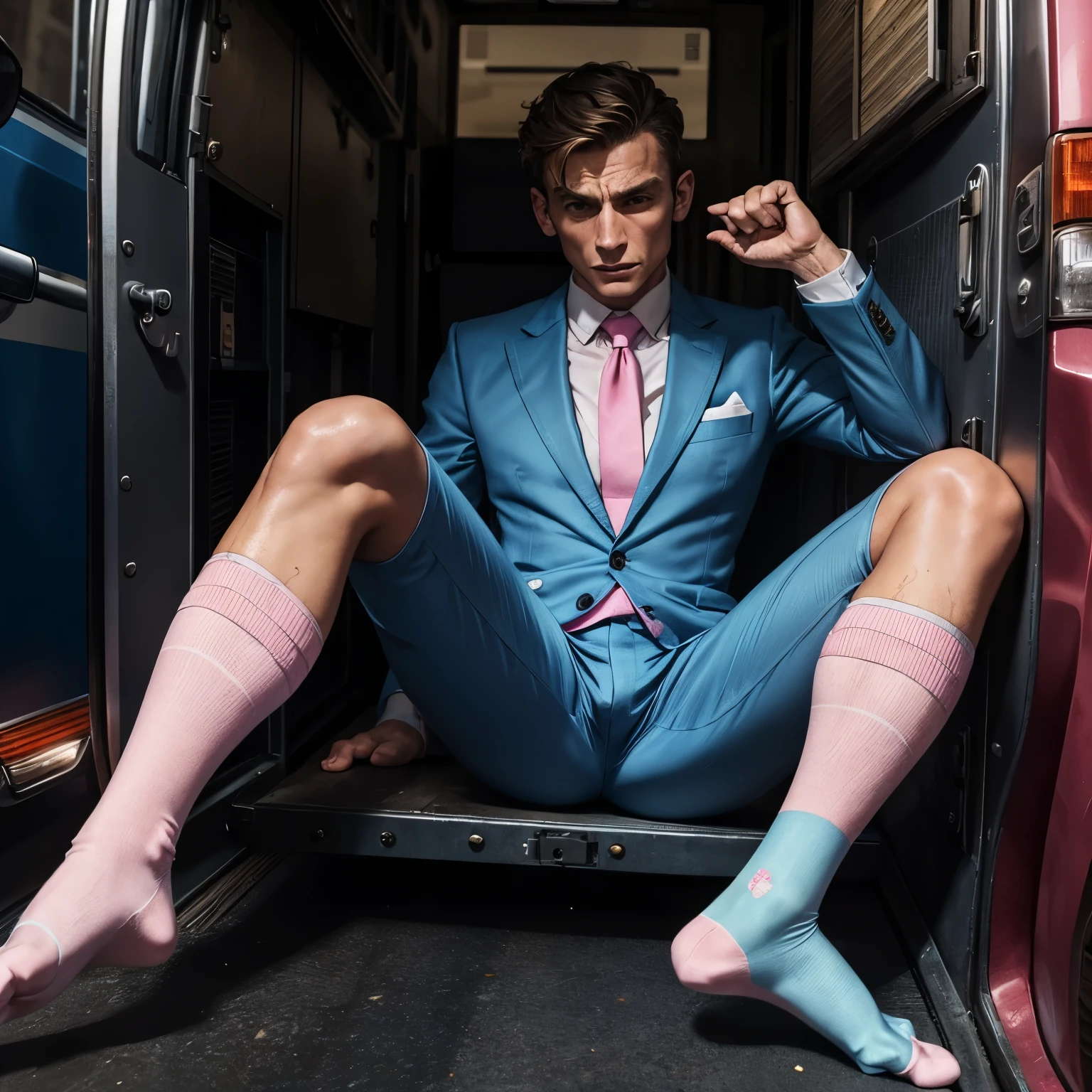 realistic photo full body view one wealthy white man with excessively siliconed over-inflated lips and cheekbones, brown stylish haircut, wearing light blue dapper suit, in elegant pink filthy socks, ancient gold rings ,crying looking terrified , exhausted, showing off his filthy pink socked feet, no shoes, taken in handcuffs into police van by 2 uniformed guards in a New York chic street 