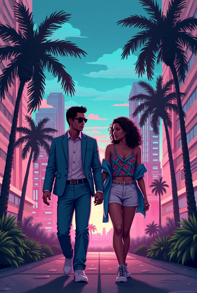 Black shadow of a confident woman watching a cartoon-style man, in Vice City GTA,
