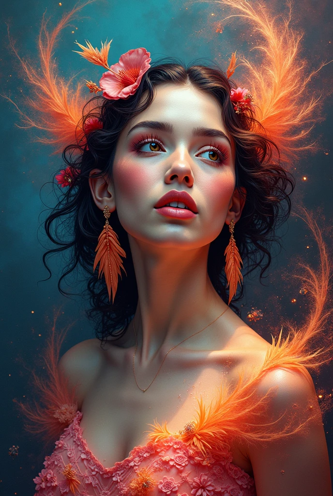 ((Fairy style ,translucid light underwear fairy outfit, Valentina N, Style blended, melted, liquid background of nebulas, clouds stars,)) Nebulosa,Galaxy, clouds, stars,  Splash art, style, portrait poster, Adobe Illustrator, Vector, 3D Illustration, Abstract Art, Print illustrations, black Background, Color, rainbow, Trendy Colorful Gradient, Centered, Front View, Hyper Detailed, Photorealistic Rendering, 8k HD, Focused, Super Detailed, head feathers, Intricately Detailed Splash Art Triadic Color Trend Artstation Unreal Engine 5 Volumetric Lighting, Gothic , High resolution, close-up, ambient light,