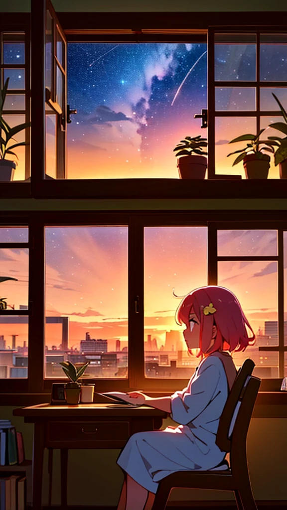 /imagine prompt: Viral anime indoor wallpaper in 4K quality, in the style of illustration inspired by Akira Toriyama, featuring a girl studying at her desk in a cozy bedroom during a beautiful late afternoon; the golden sunset light filters softly through the window, casting a warm glow over the room filled with books, a comfy chair, and potted plants; her face is focused, and her surroundings exude calm and inspiration, with the sky outside painted in shades of orange and pink; soft and serene color temperature, cosmos lighting with stars just beginning to twinkle in the distance, the atmosphere is peaceful and full of promise --v 5 --stylize 1000 --no deformities, ugly hands, poorly drawn faces