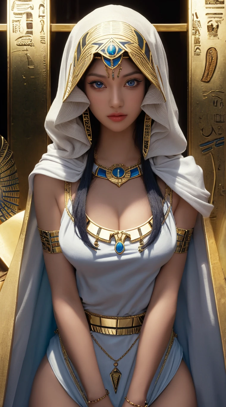 (巨作) , (Best quality), Octane rendering, (super-reality: 1.2) , Perfect feature,1girl huge large breasts, (ultra intricately detailed), (Mysterious Expression:1.2), (Graceful pose:1.1), (female mummy:1.5), (ancient Egyptian:1.3), (tomb setting:1.2), (golden sarcophagus:1.1), (ancient artifacts), (intricate jewelry), (ornate headdress:1.2), (bandaged body:1.1), (ancient curse), (forgotten secrets:1.3),(vignettes), (Transparent veil:1.2), (Egyptian eye makeup:1.1), (Detailed textures), (fine brush strokes)