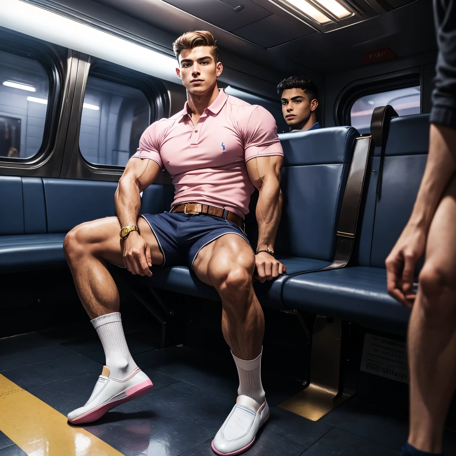 full view full body, preppy handsome muscular bodybuilder male with light-brown preppy undercut haircut, in navy-blue bermuda shorts with dark-brown belt, pink long socks and dark-brown leather penny loafers , white Ralph Lauren shirt, gold signet ring, seated in crowded subway car, he seems impatient, feeling with his hand his socked foot, and showing off his pink socks and shoes
