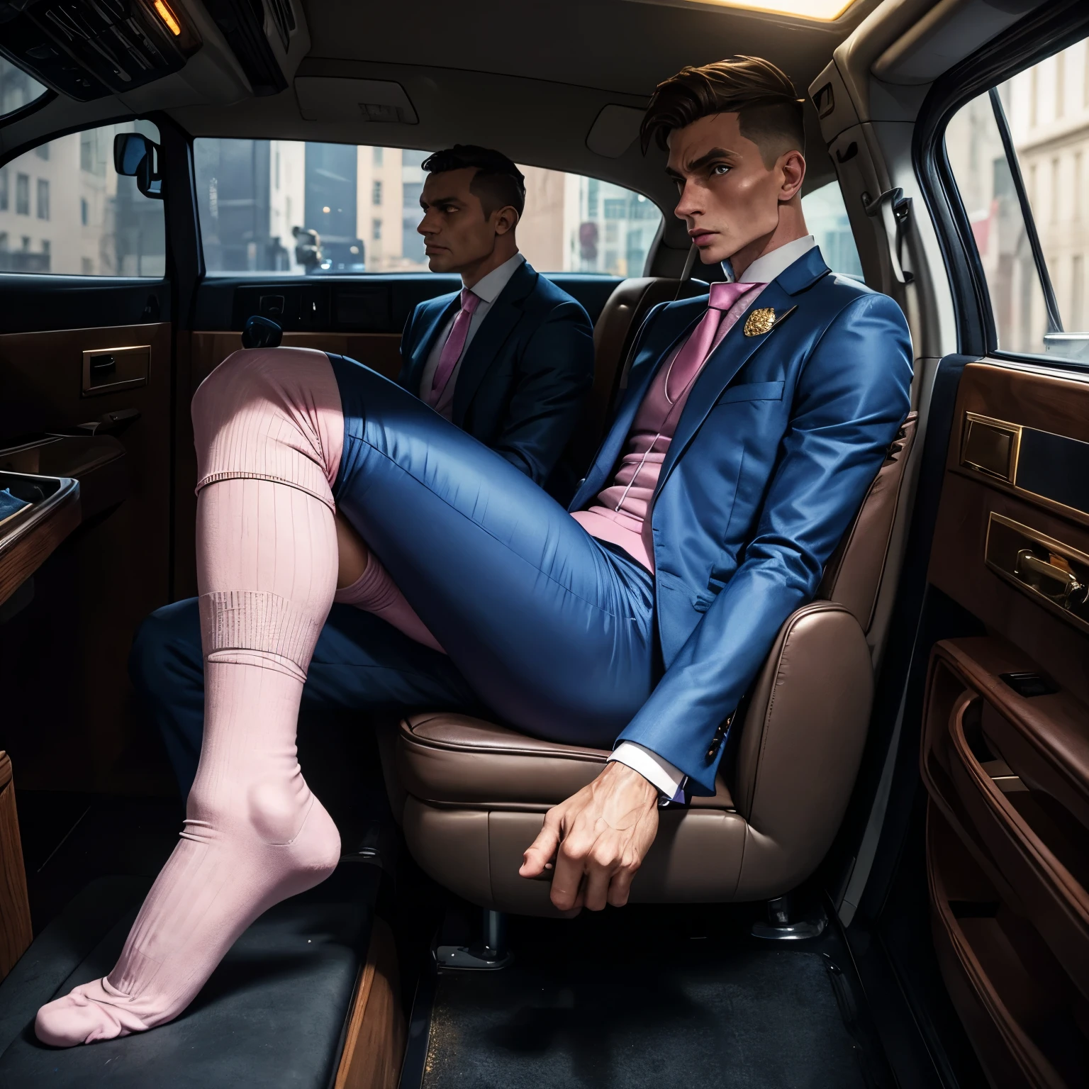 realistic photo full body view one wealthy white man with excessively siliconed over-inflated huge lips (bimbolips) and cheekbones, brown stylish haircut, wearing light blue dapper suit, in elegant pink filthy socks, ancient gold rings ,crying looking terrified , exhausted, showing off his filthy pink socked feet, no shoes, taken in handcuffs into police van by 2 uniformed guards in a New York chic street 