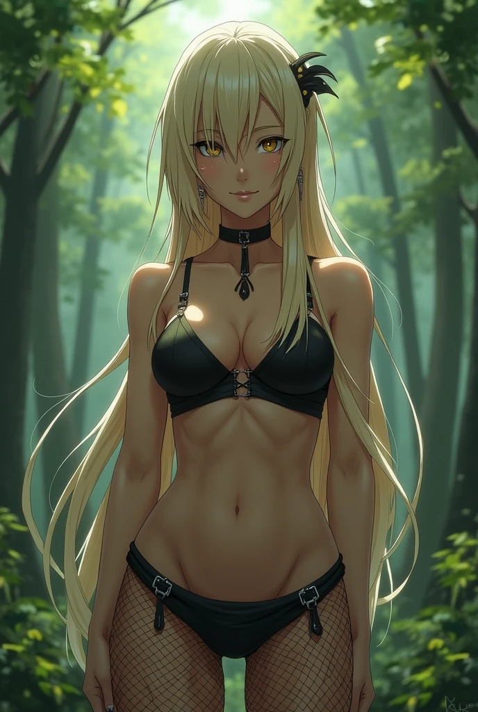 ((masterpiece, best quality)), (1girl, anime girl in night rain, forest),(mature, devil horn, pale skin), (solo), (female focus), (blonde hair, straight hair),green eyes, ((exposed shoulder, choker)), pale skin, evil, vicious, yandere, portraits, close up, upper body, vibrant colors, soft lighting