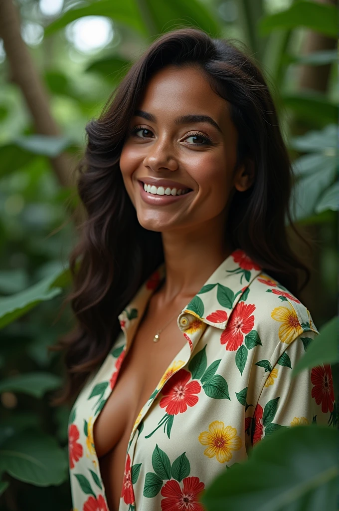 A Brazilian woman in a lush tropical garden, wearing an open shirt with a floral print, with a close-up capturing the harmonious beauty between her breasts and the natural flowers, showing off your natural charm and outgoing personality.