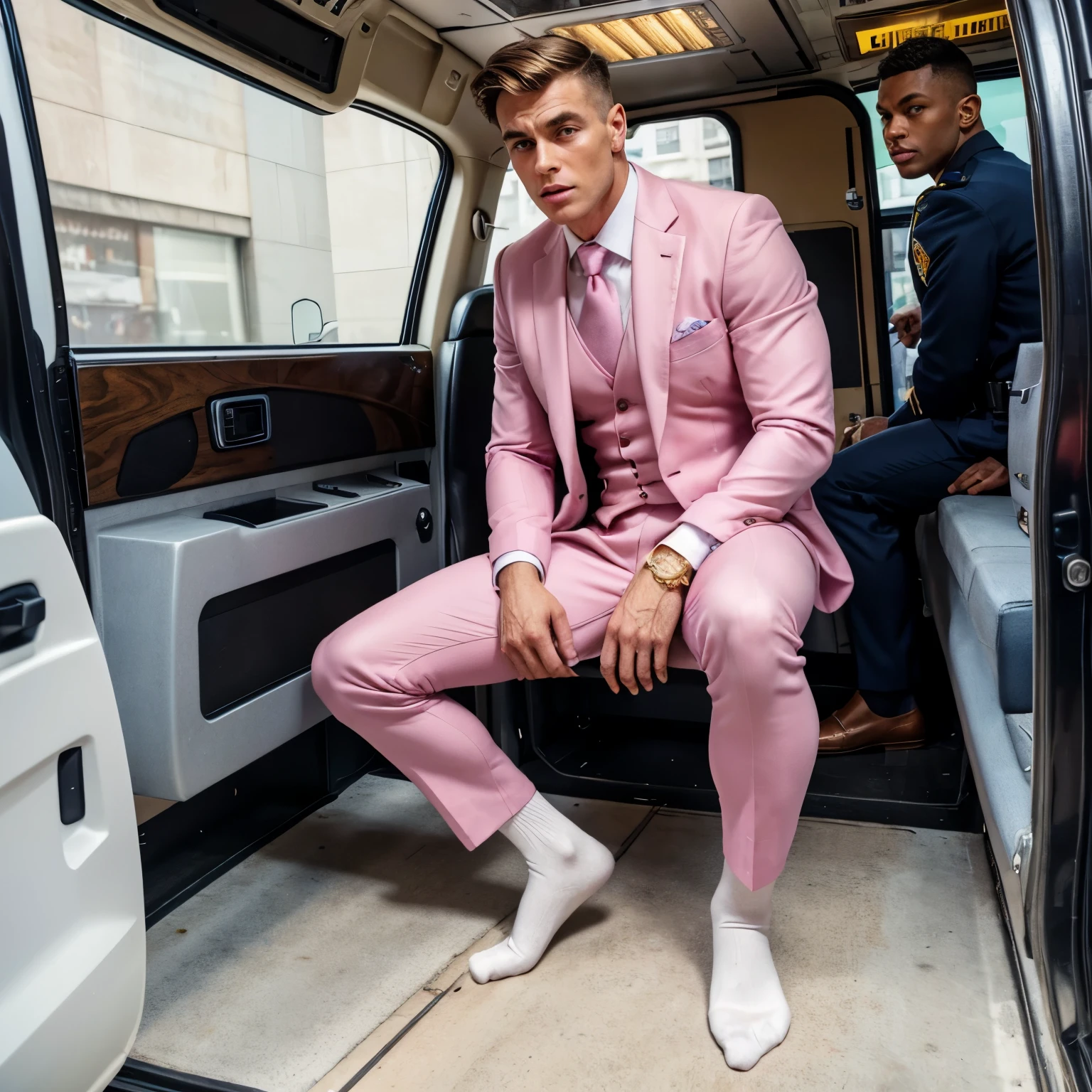 realistic photo full body view one wealthy white man with excessively siliconed over-inflated huge lips (bimbolips) and cheekbones, brown stylish haircut, wearing light blue dapper suit, in elegant pink filthy socks, ancient gold rings ,crying looking terrified , exhausted, showing off his filthy pink socked feet, no shoes, taken in handcuffs into police van by 2 uniformed guards in a New York chic street 