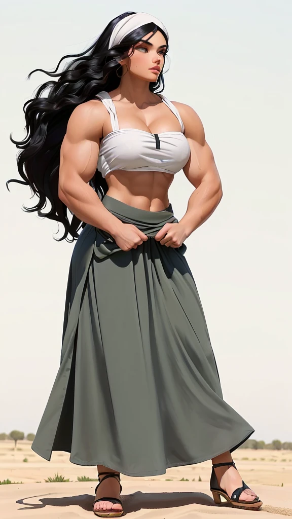 hypermuscular 22 yo persian woman, simple peasant girl, massive broad and buff, breathtakingly sensual muscle woman, small firm breasts, long black wavy hair, steel-hard hypermuscular body, strong well defined muscle, muscular powerful bodybuilder physique, perfect flawless musculature, wearing modest blouse + long skirt, (loose headscarf), ((long wavy black hair)) sunny hot day in the fields, dry grass, olive trees in the background