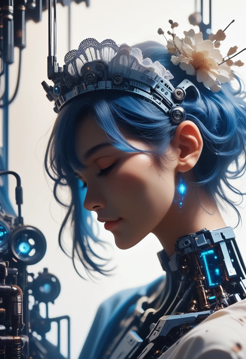 furнический, fur, one person, One, Short hair, profile, upper body, Science fiction, smile, blue hair, (headdress:1), Technical training,