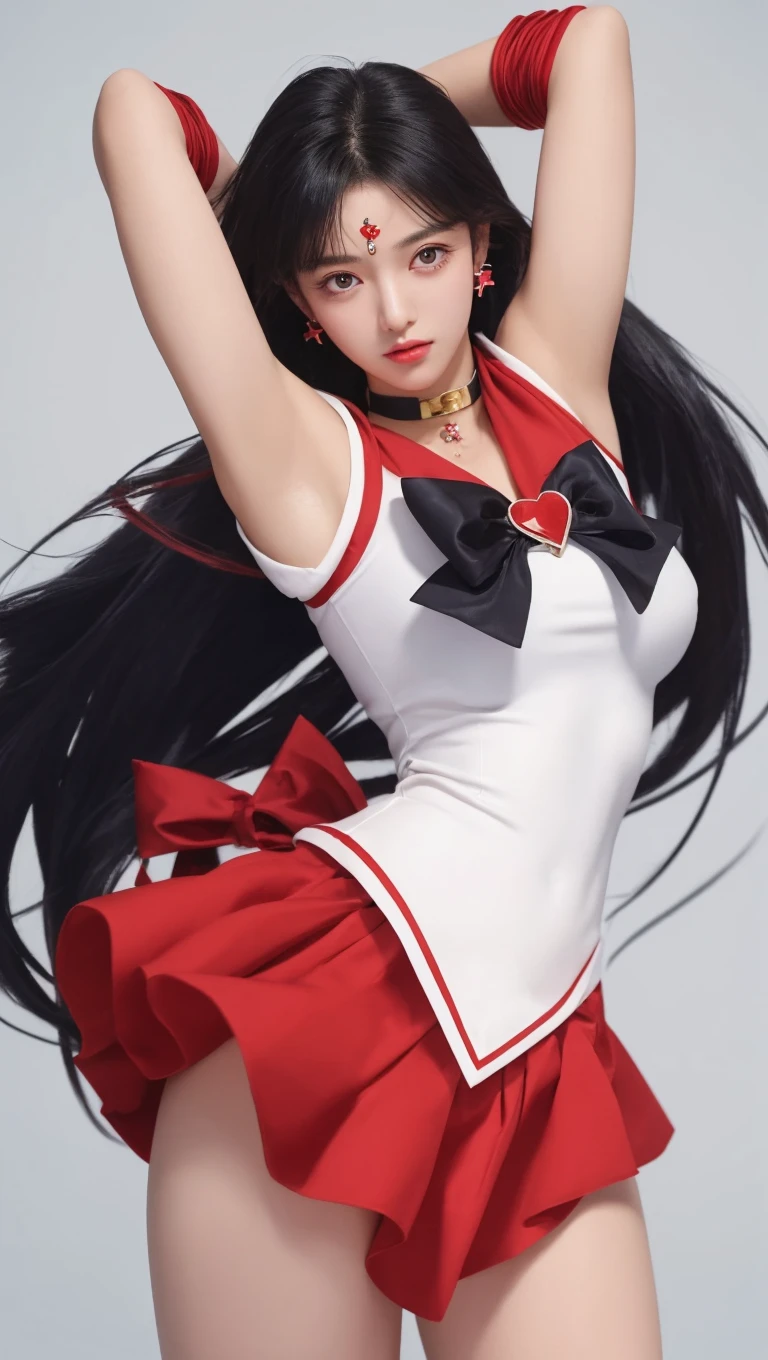 masterpiece, best quality, absurdres, perfect antomy, 1girl, solo, SMMars, very long hair, parted bangs, sailor senshi uniform, red sailor collar, red skirt, elbow gloves, standing, cowboy shot, smile, cartoon flames in background, stylized background