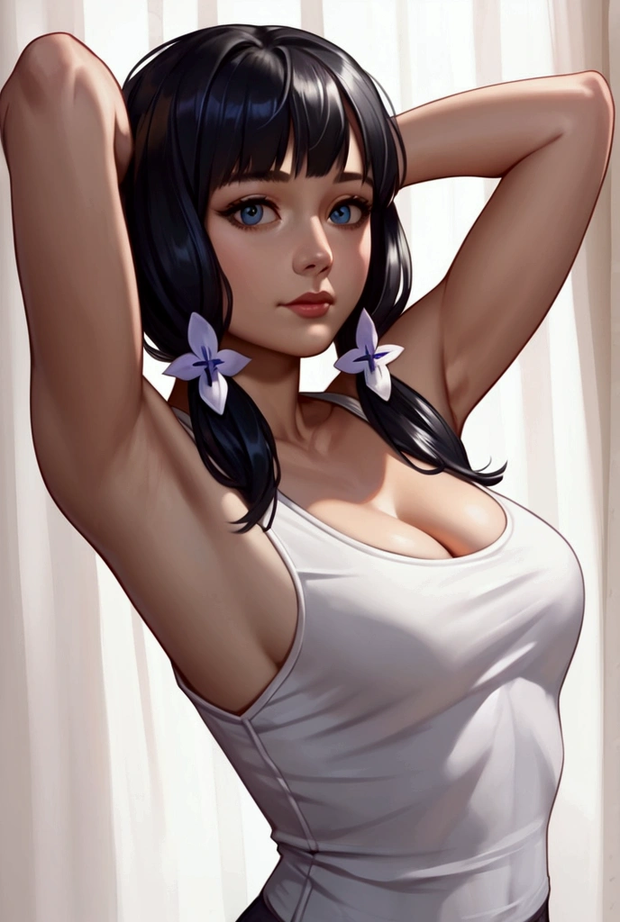 score_9, score_8_up, score_7_up,source_anime, high res image,masterpiece,best quality,girl,cute face,clear skin,simple_background,black hair,wolf_cut_hair,tanktop,cleavage,armpit,realistic,detailed skin