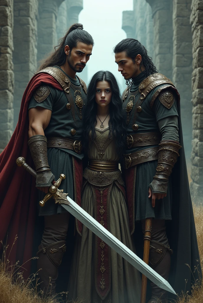 Images for book of two young adult brothers protecting their teenage sister with black wavy hair , medieval fantasy 