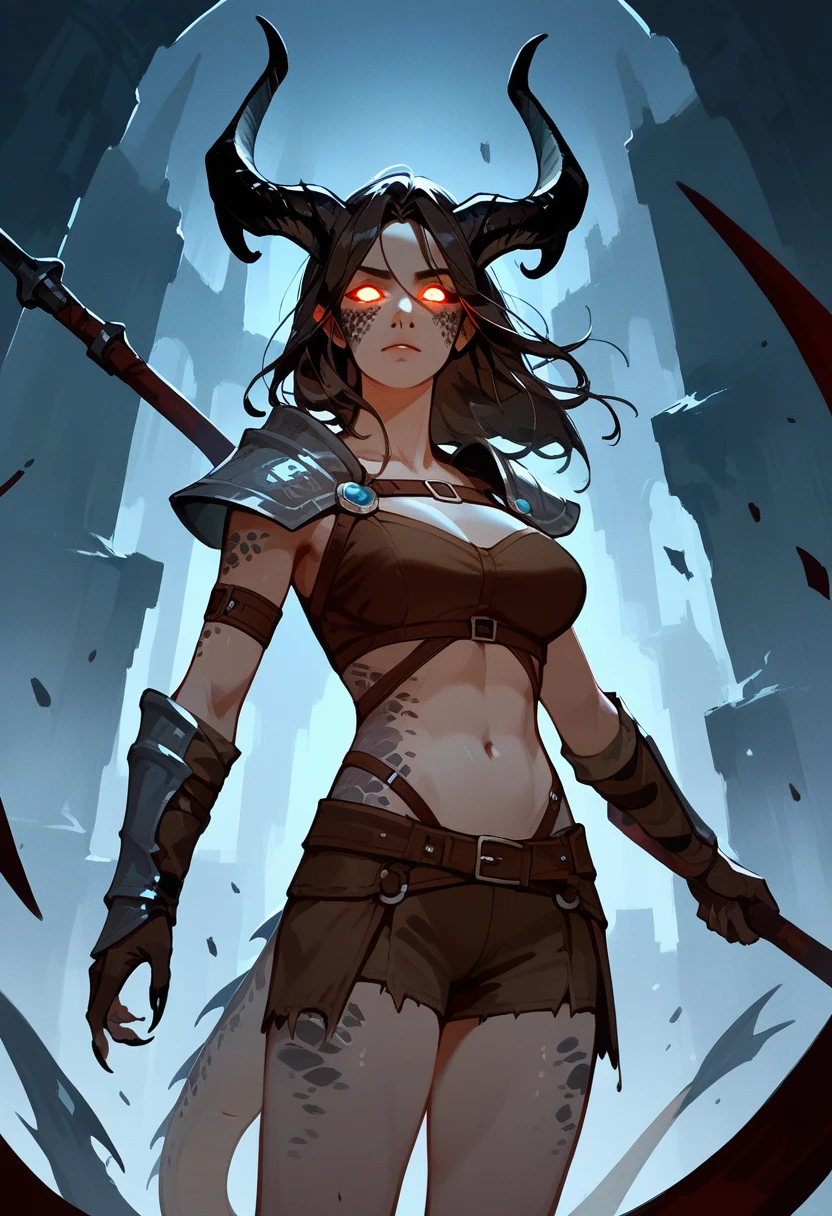 score_9, score_8_up, score_7_up, score_6_up, score_5_up, score_4_up, (masterpiece, best quality:1.2), high detailed, 1 dragon ( mythical creature, brown scales, short members, glowing eyes, curved horns, black horns,) female, barbarian hunter, illustration, character design 