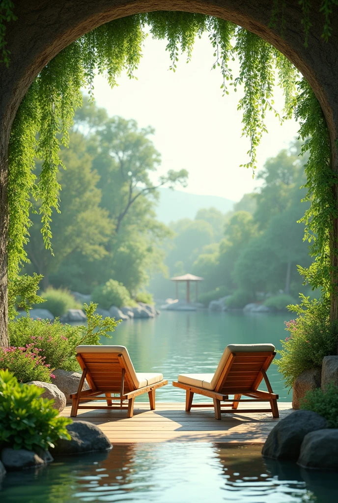Garden design with aquarium, grape vines, poly panel ceiling, beautiful wall decoration, beautiful details, outdoor plastic wood flooring, natural light, fresh air, relaxation, chill, beautiful details , nice picture